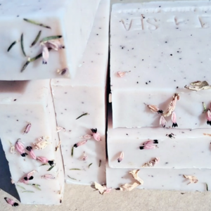 geranium and lavender tallow soap with coffee grinds and pink clay